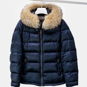 Prada Navy Puffer Jacket with Fur Trim